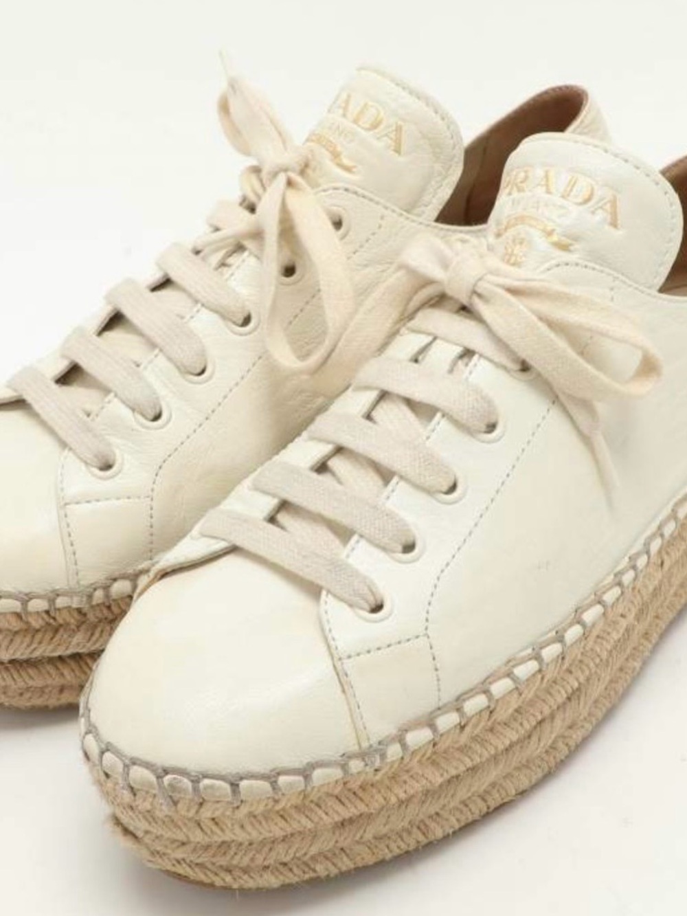 Prada Off-White Leather Platform Espadrille Sneakers